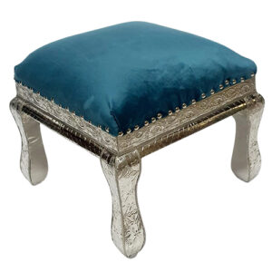 Handcrafted White Metal Stool with Velvet Cushion