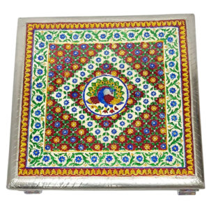 Wooden chowki with Meenakari (Enamel) work done with multicolor meena with Brass border.