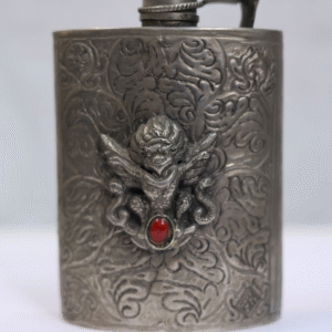 Hand-Carved White Metal Flask with Embossed Dragon Motif and Chatai Work