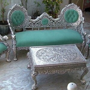 "Royal Green White Metal ‘Chatai’ Sofa Set – Hand-Carved Wooden Masterpiece with Ornate Centre Table (5-Seater)"