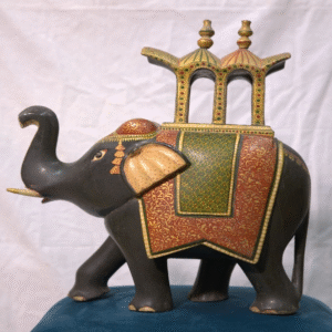 One of One Rare Vintage "Maharaja's Elephant" of fruit wood carved and with real gold work done with fine brush painting.
