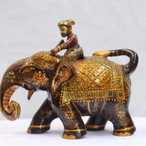 Regal Elephant in Action – Single-Block Wood Carving with Mahavat and Gold Detailing