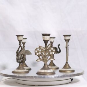 Antique-Style Set of 5 Brass Candle Holders with Mother of Pearl Inlay