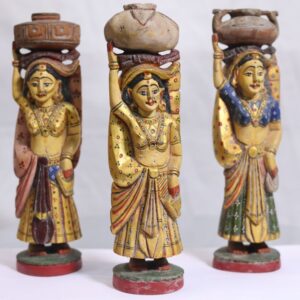 Exquisite trio of traditional Rajasthani 'Beendani' (housewife) figures, masterfully hand-carved from single wood and adorned with intricate fine-brush gold painting