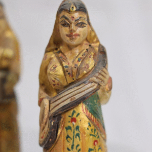 Elegant Wooden Set of 6 Female Folk Musicians, Crafted from a Single Piece and Embellished with Gold Paintwork