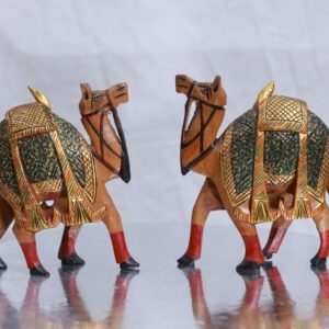 Royal Maharaja Ship Pair: Hand-Carved Wooden Camels with Elegant Brush Gold Detailing