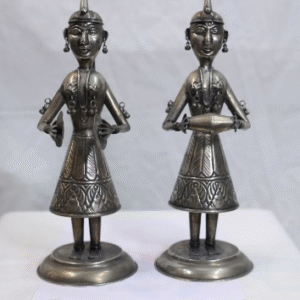 Pair of Traditional Instrument-Playing Ladies – Hand-Carved in Solid White Metal